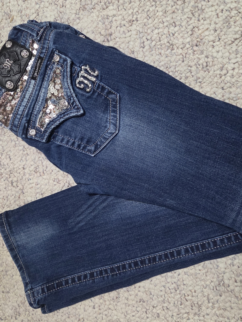 Miss Me Dark Blue Sequin Pocket Bootcut Jeans